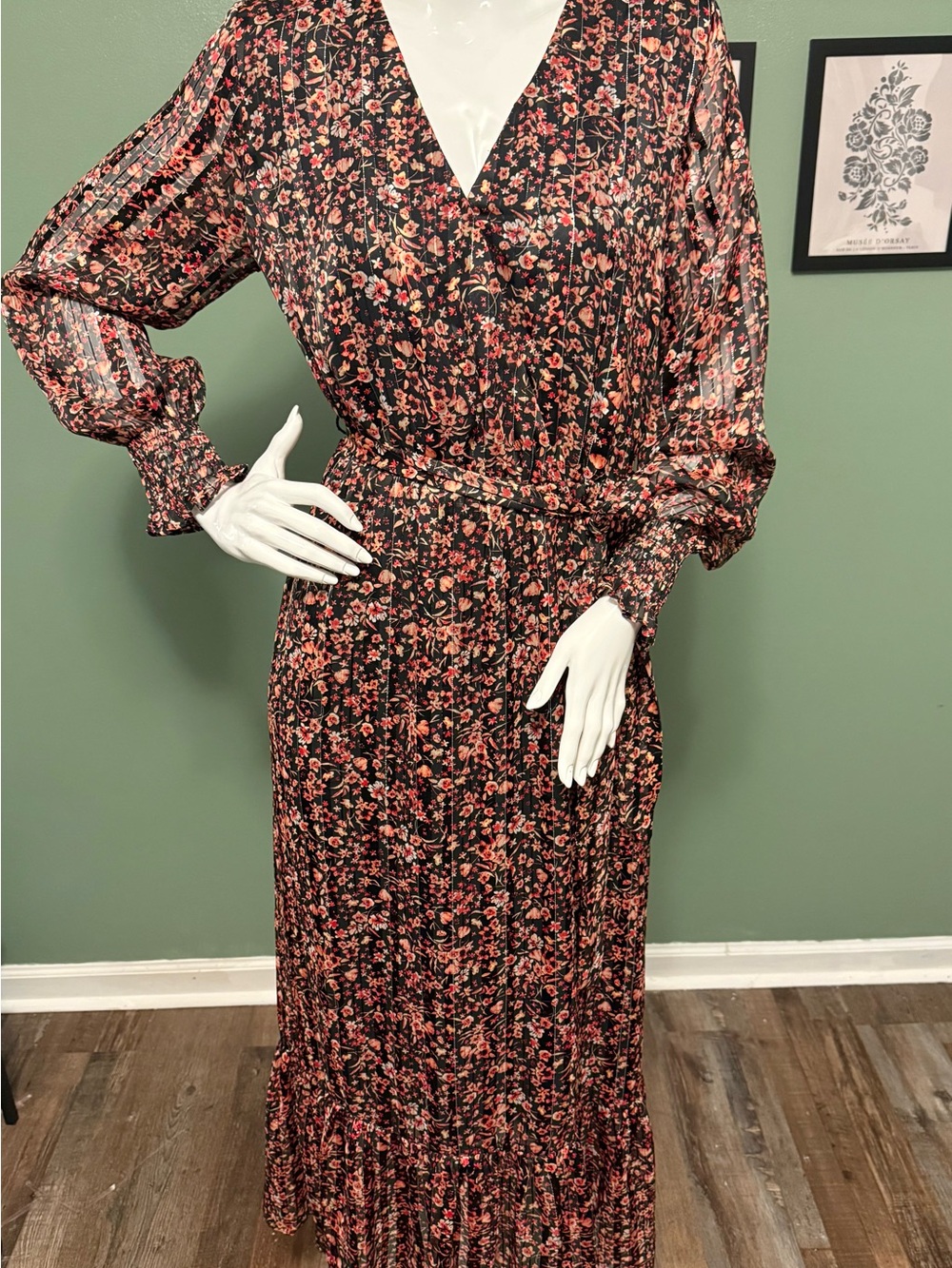 Vince Camuto Black Maxi Dress with Orange Floral Print NWT Retail 119